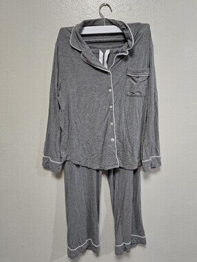 Cozy Earth Bamboo Stretch-Knit Long Sleeve Pajama Set Grey Size Medium